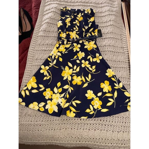 Alyx Womens Floral A-Line‎ Dress With Belt - Size 6 - Navy & Yellow - Picture 1 of 16